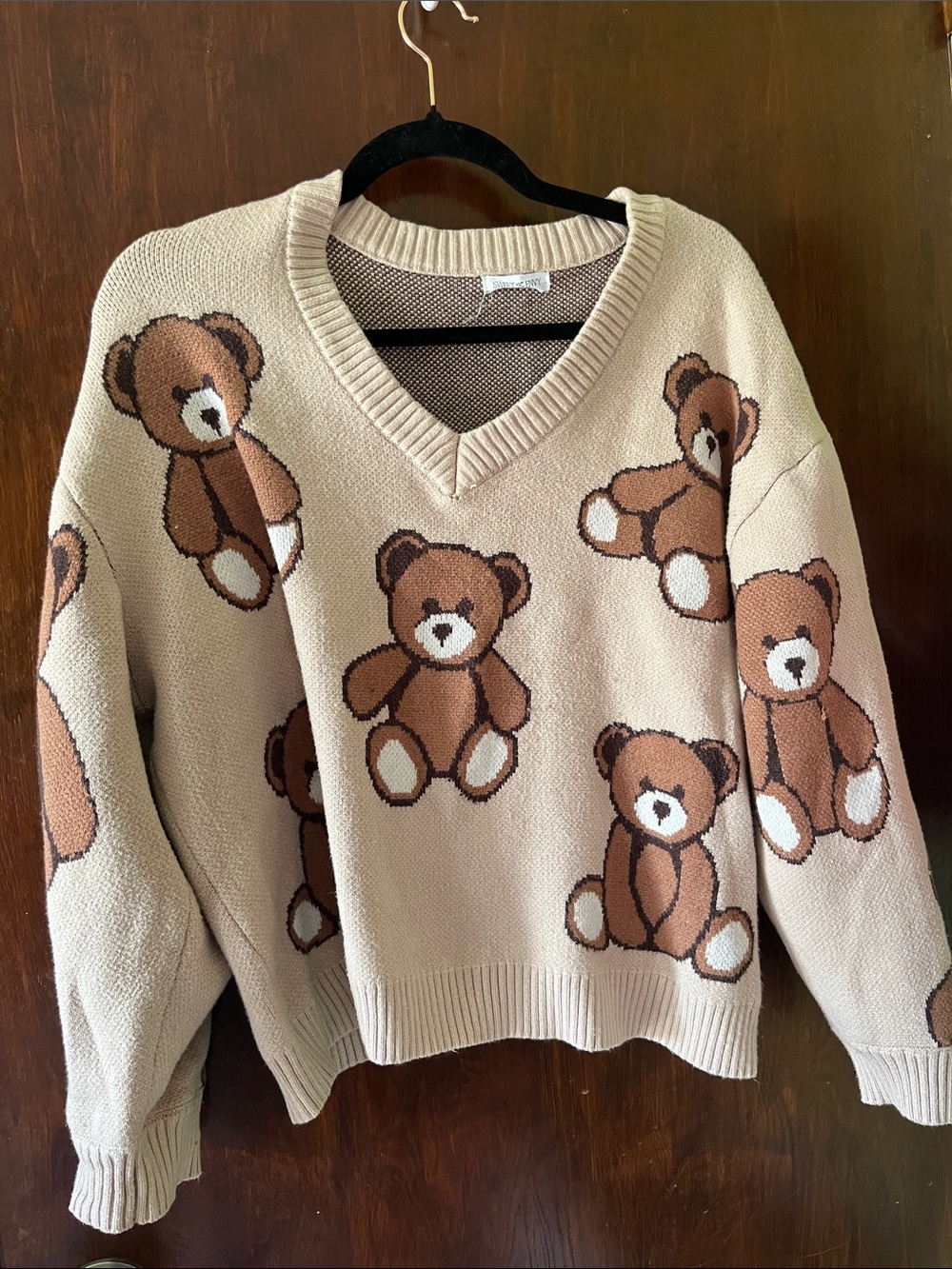 Beige Teddy Bear V-Neck Sweater - Women